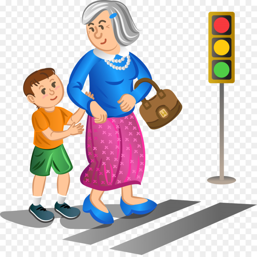 Мальчик переводит бабушку через дорогу