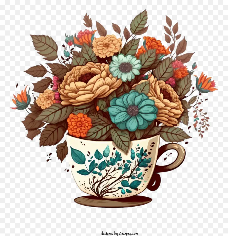 чашка кофе мультфильм，кофейная чашка с цветами PNG
