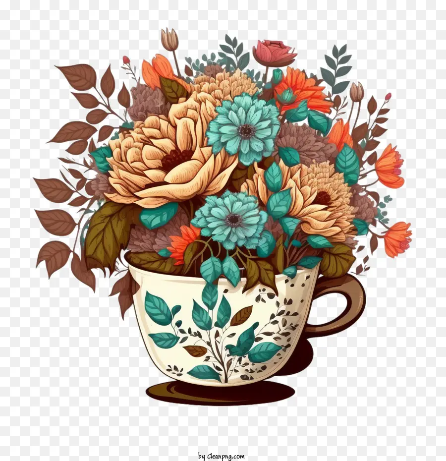 чашка кофе мультфильм，кофейная чашка с цветами PNG