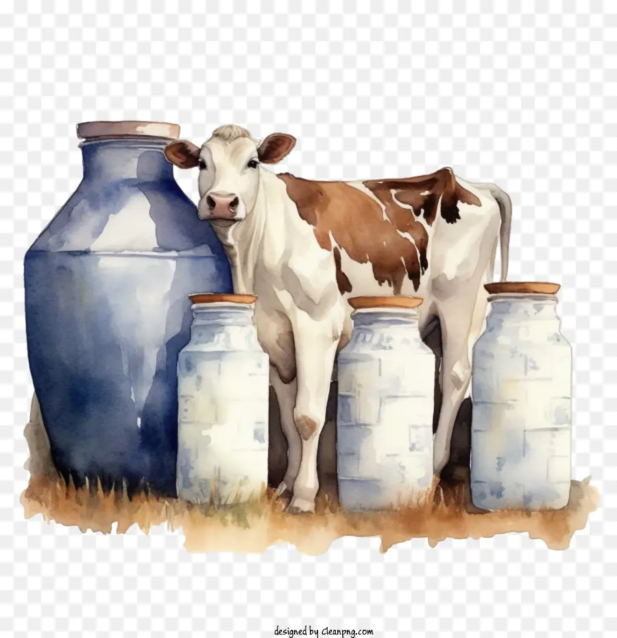 акварельные корова，бутылки с молоком PNG