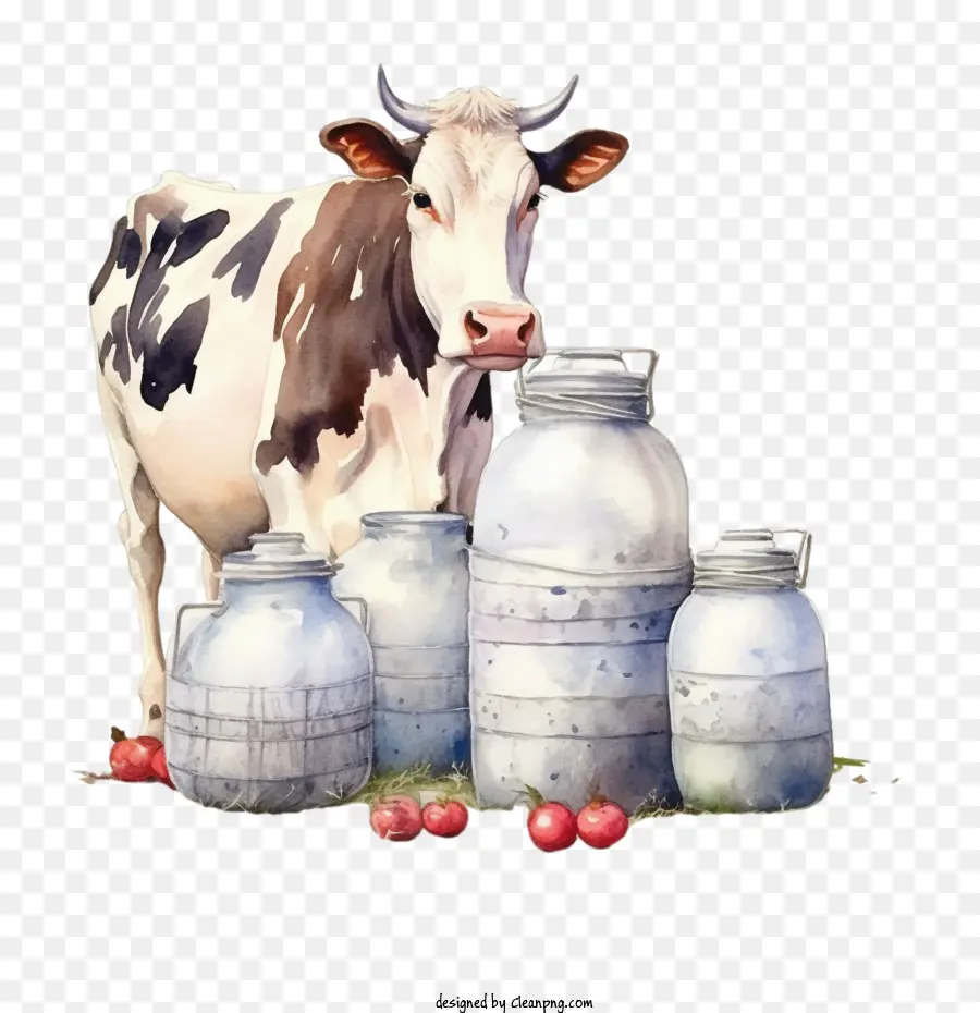 акварельные корова，бутылки с молоком PNG