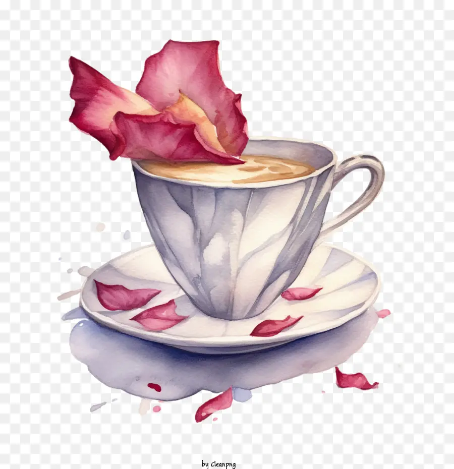 акварельная кофейная чашка，Летающие лепестки розы PNG