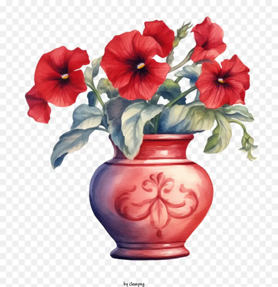Цветок Петунии，красная ваза PNG