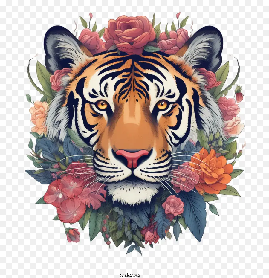 Тигр，цветок корона PNG