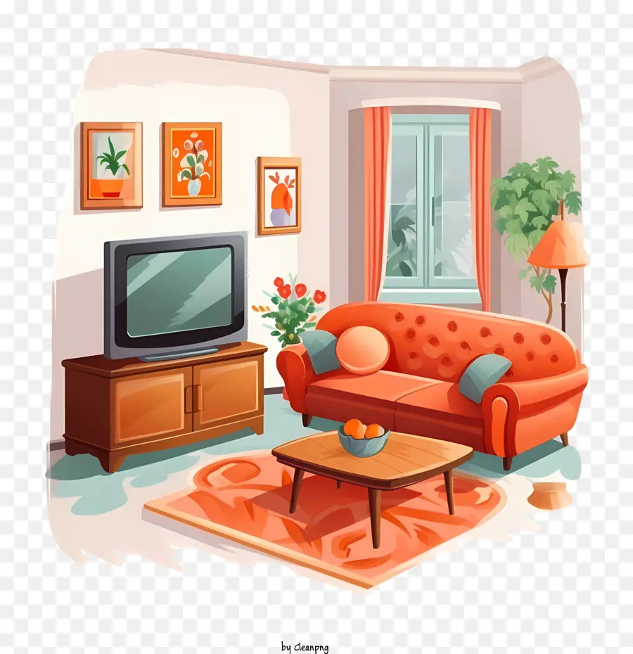 гостиная，оранжевый диван PNG