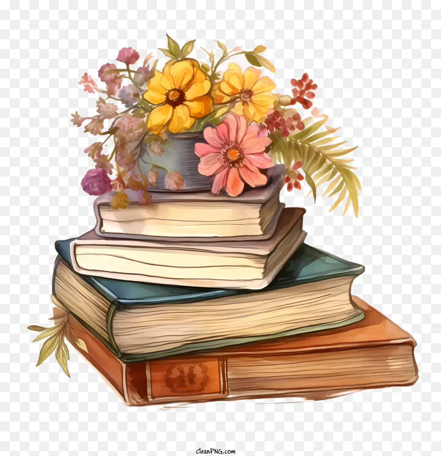 стопа старых книг，осенние цветы PNG