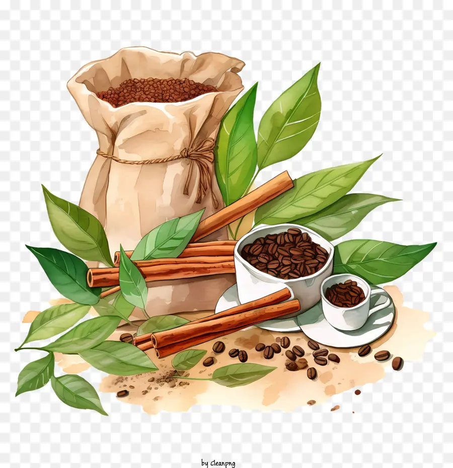Кофейные зерна сумка，акварельные иллюстрации PNG