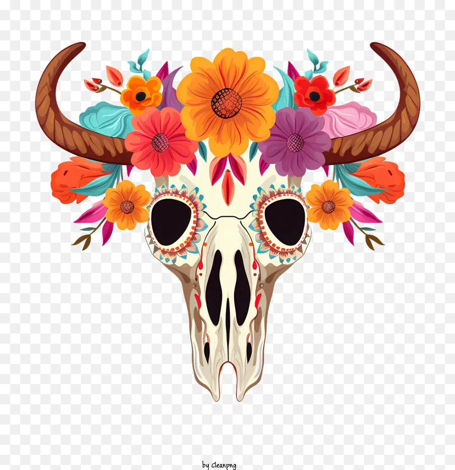 корова череп，цветочные короны PNG