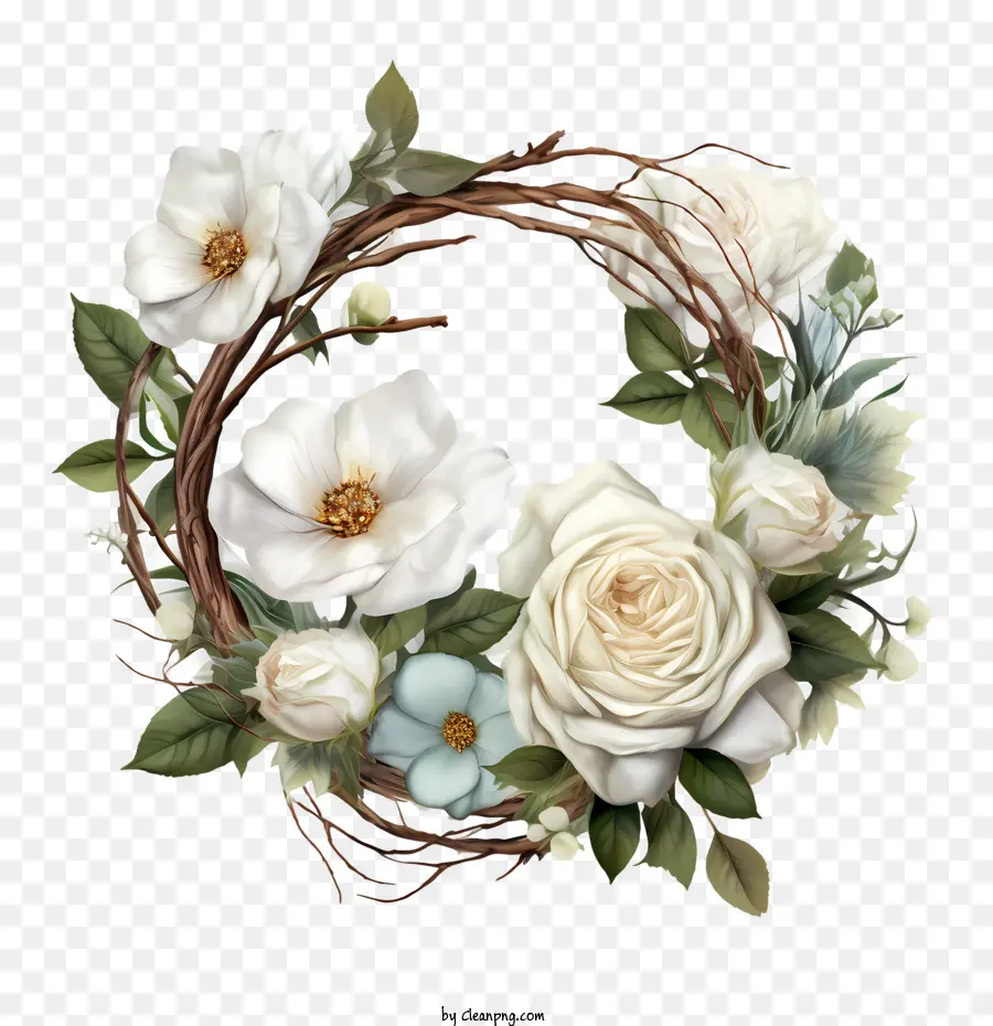 Белая розовая цветок，Венок PNG