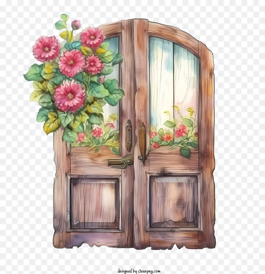 деревянные двери，открытая деревянная дверь с цветами PNG