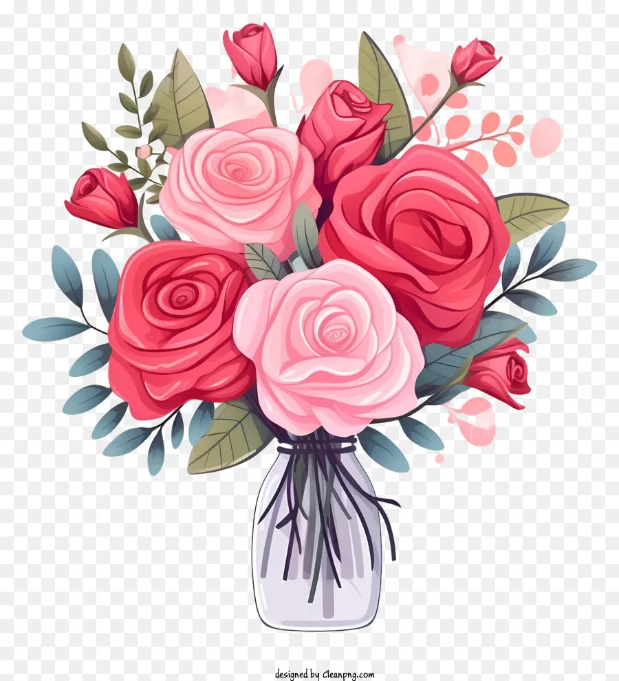 Ваза из роз，розовые и красные розы PNG