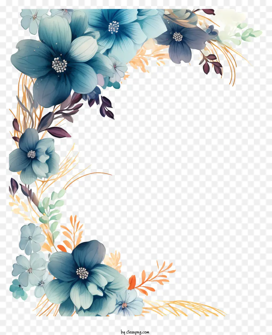 Синяя цветочная рама，маленькие цветы и виноградные лозы PNG