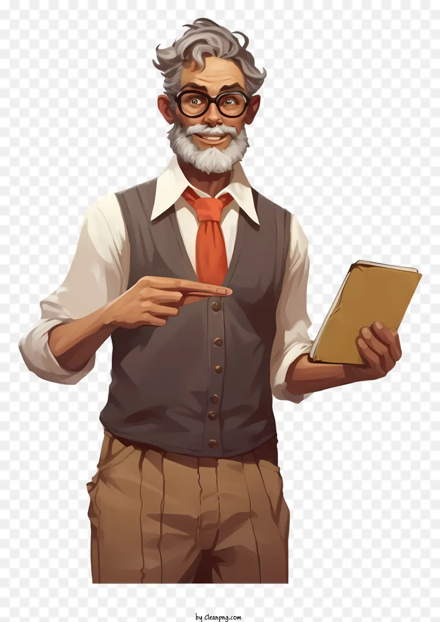 Человек с планшетным компьютером，жилет и галстук PNG