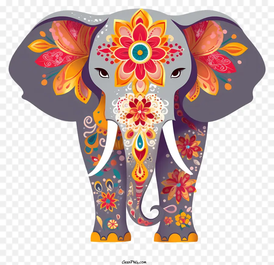 цветочные дизайны на слоне，Длинный ушальный слон PNG