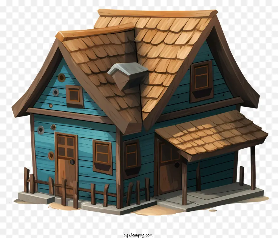 Голубой деревянный дом，Деревянная крыша PNG