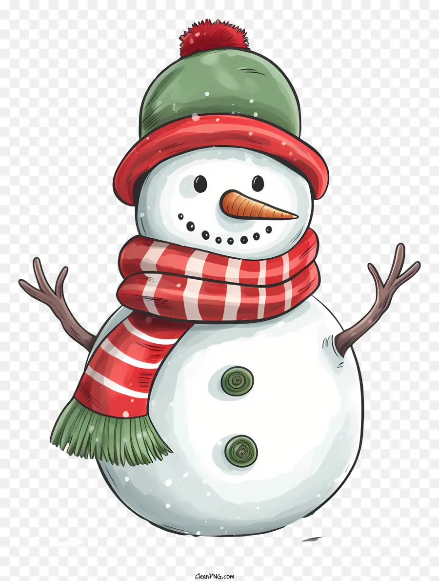 мультфильм снеговик，красный и зеленый шарф PNG