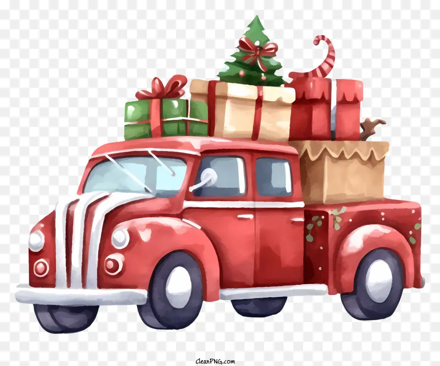Красный винтажный грузовик，Christmas Decorations PNG