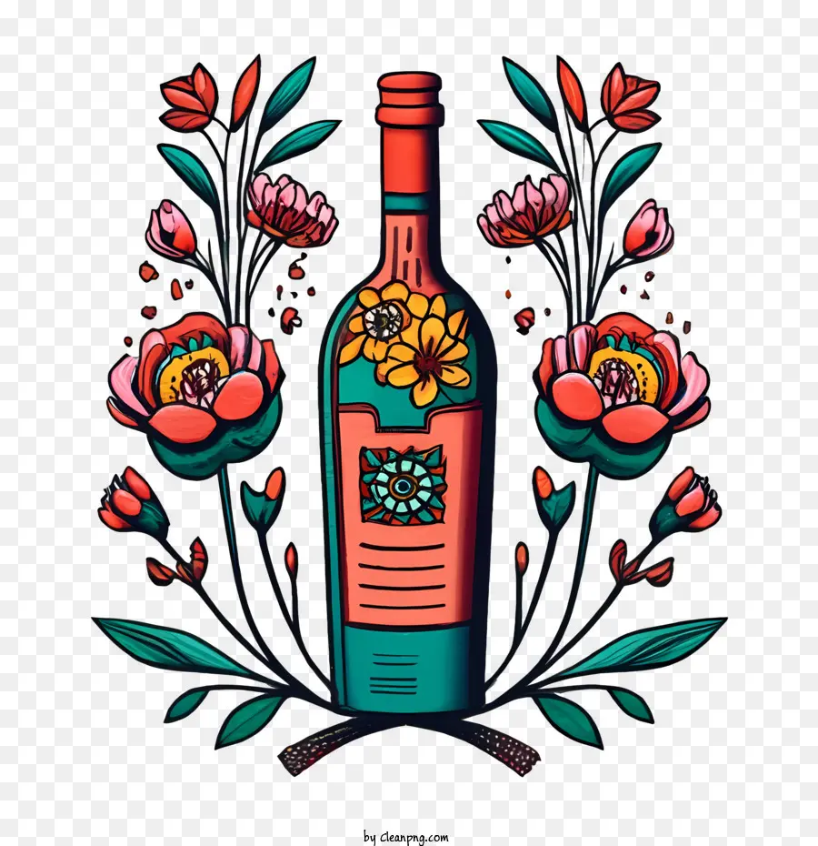 бутылки вина，цветочный дизайн PNG