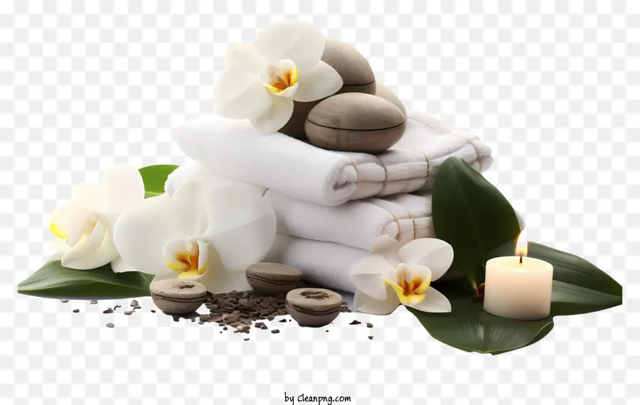 белые полотенца，ваза белых орхидей PNG