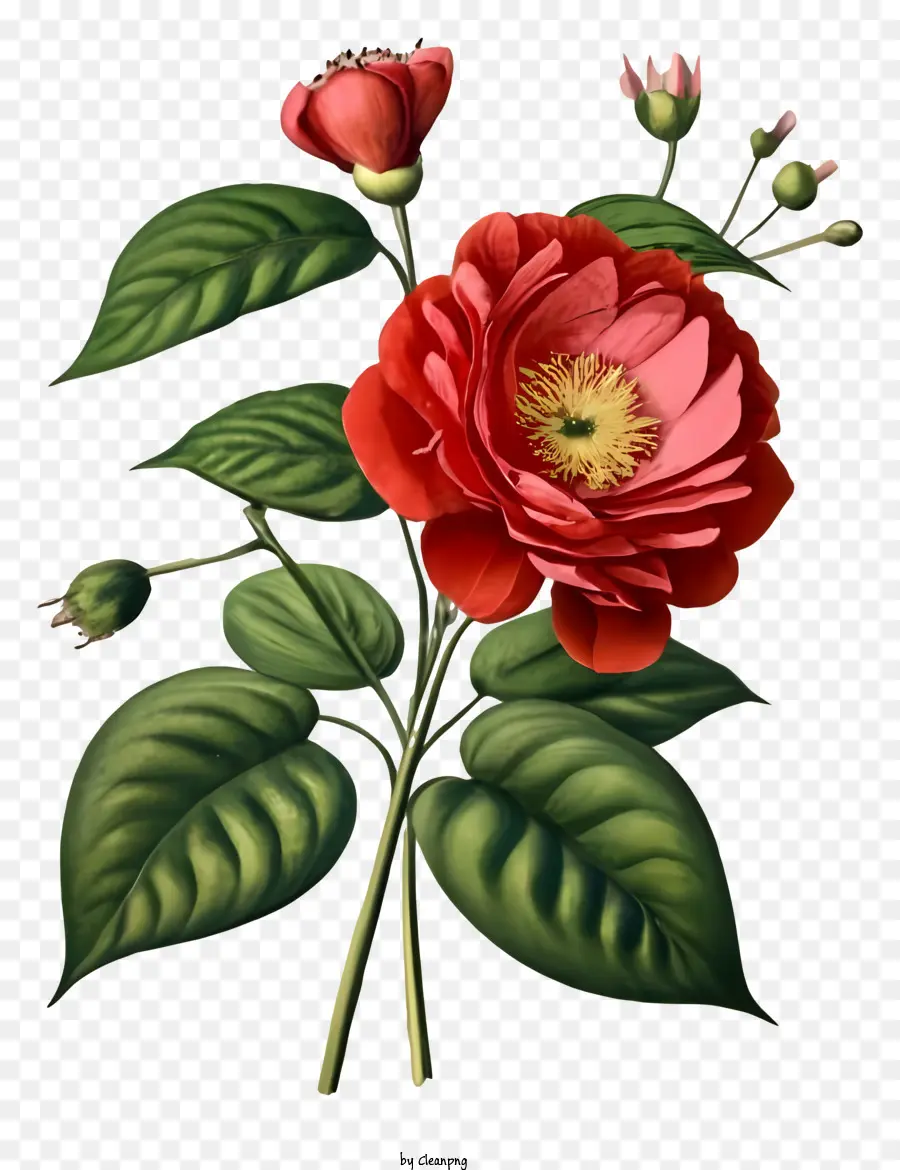 иллюстрация розы，зеленые листья PNG
