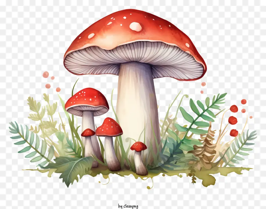 акварельная живопись，Красные грибы PNG