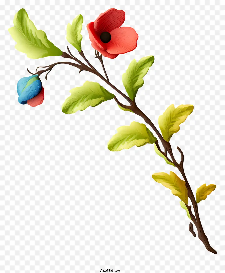 ветвь с цветами，красные и синие цветы PNG