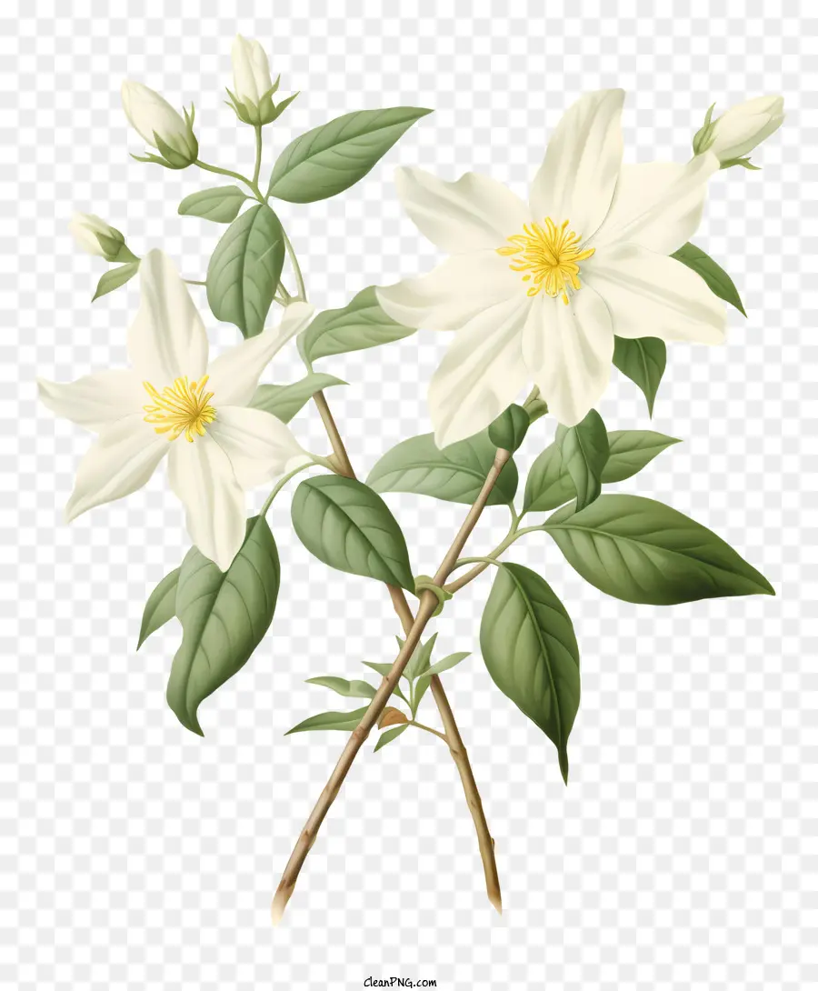 белый цветок，листья и стебли PNG