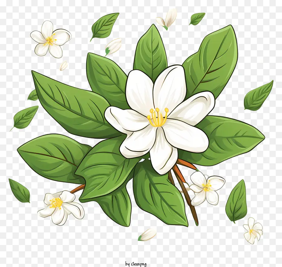 Белый жасмин цветок，зеленые листья PNG
