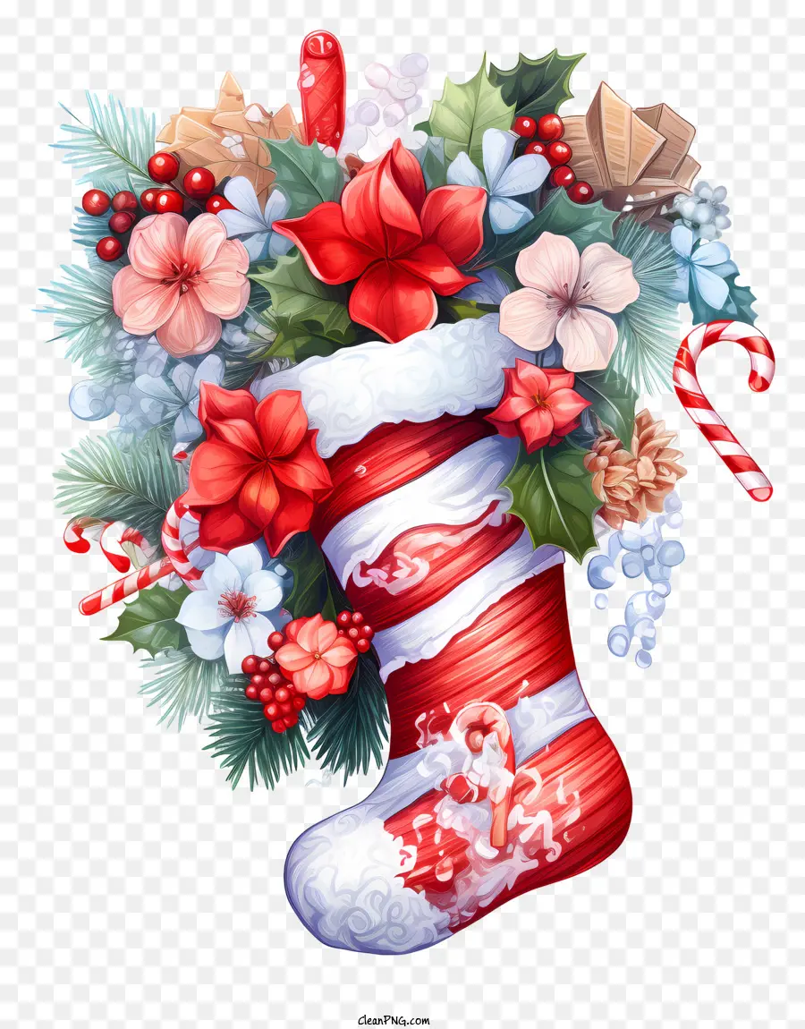 Рождественский чулок，Красные и белые цветы PNG
