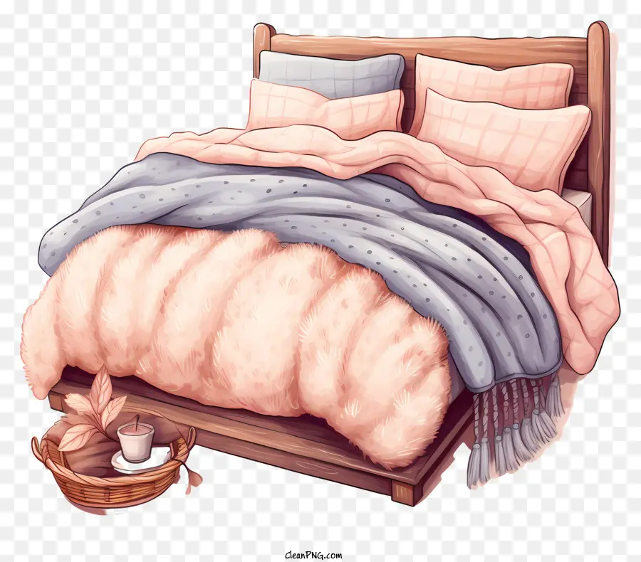 Кровать，розовое и синее одеяло PNG