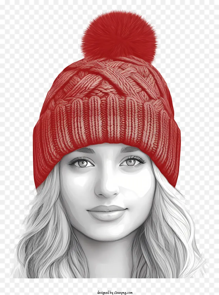 Женщина с длинными светлыми волосами，Красная вязаная шапочка с помпоном PNG