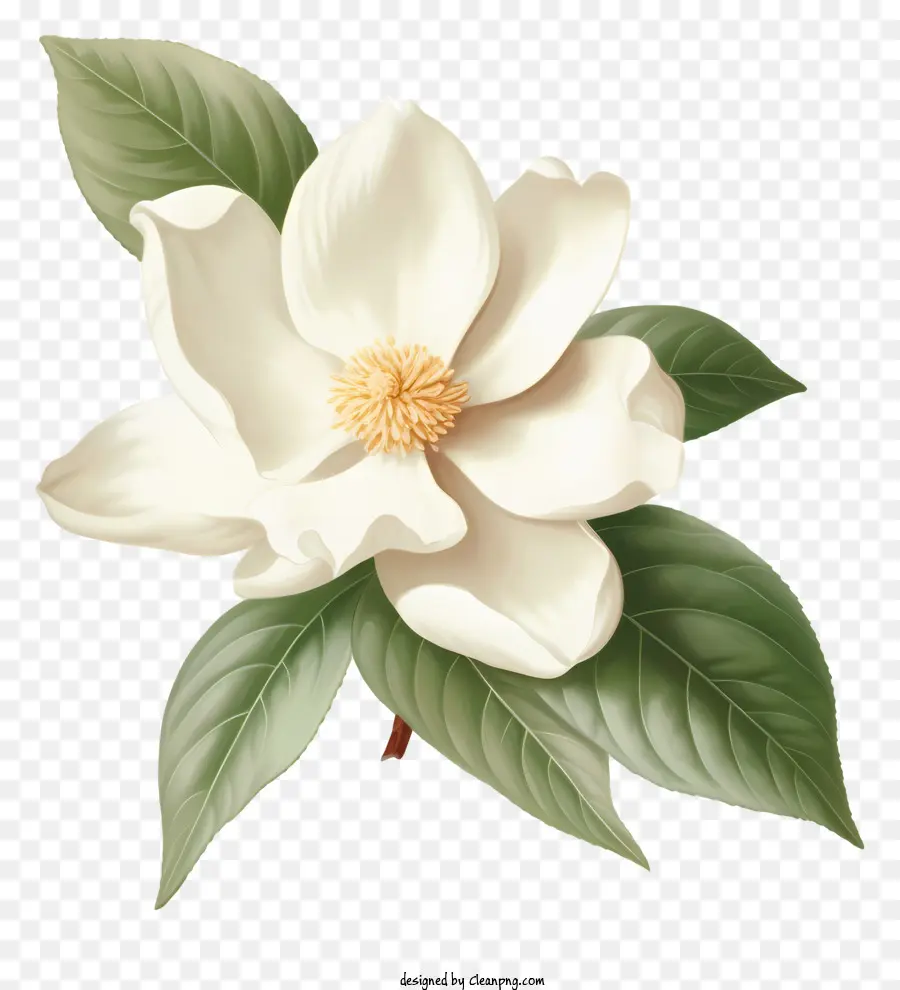 белый цветок，зеленые листья PNG