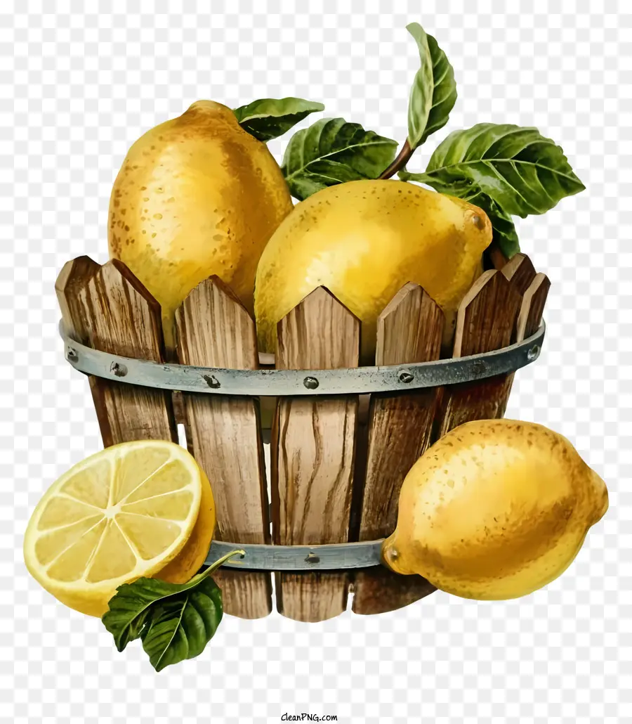Деревянная тканая корзина，спелые желтые лимоны PNG
