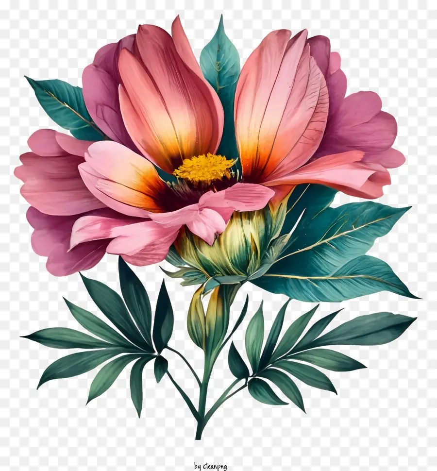 розовый и зеленый цветок，акварельная живопись PNG