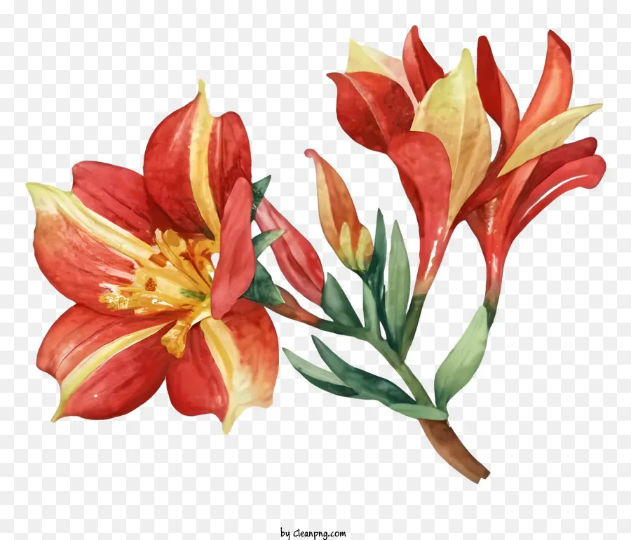 акварельная живопись，красный и желтый цветок PNG