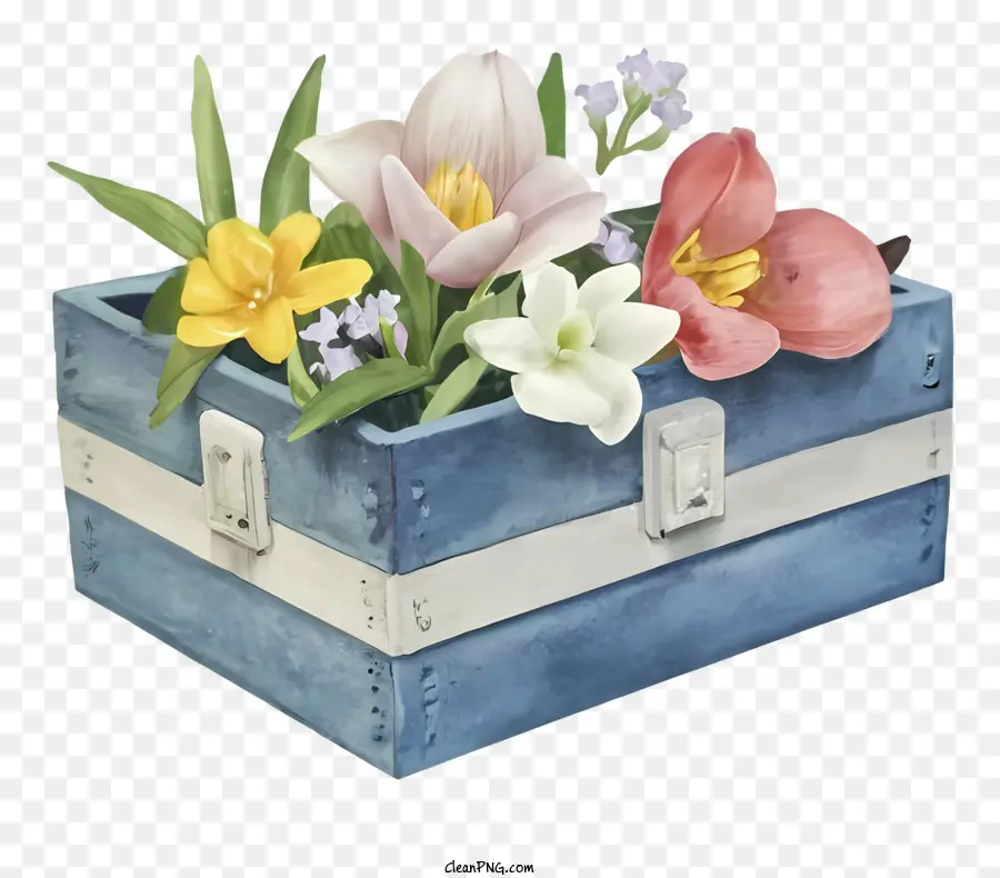 Голубая деревянная коробка，ваза с цветами PNG