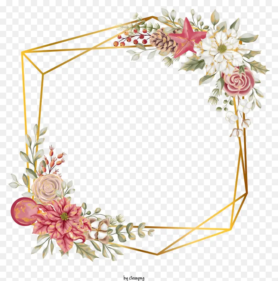 Золотая рамка，розовые и белые цветы PNG