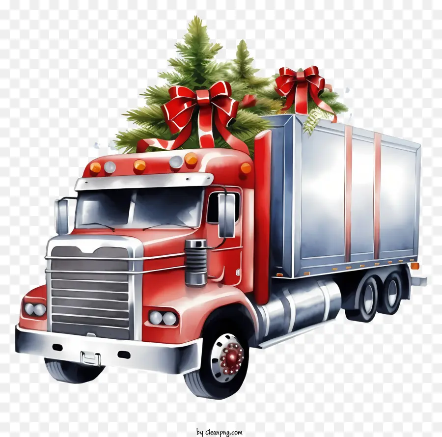Red Semi Trailer Truck，Рождественская елка PNG