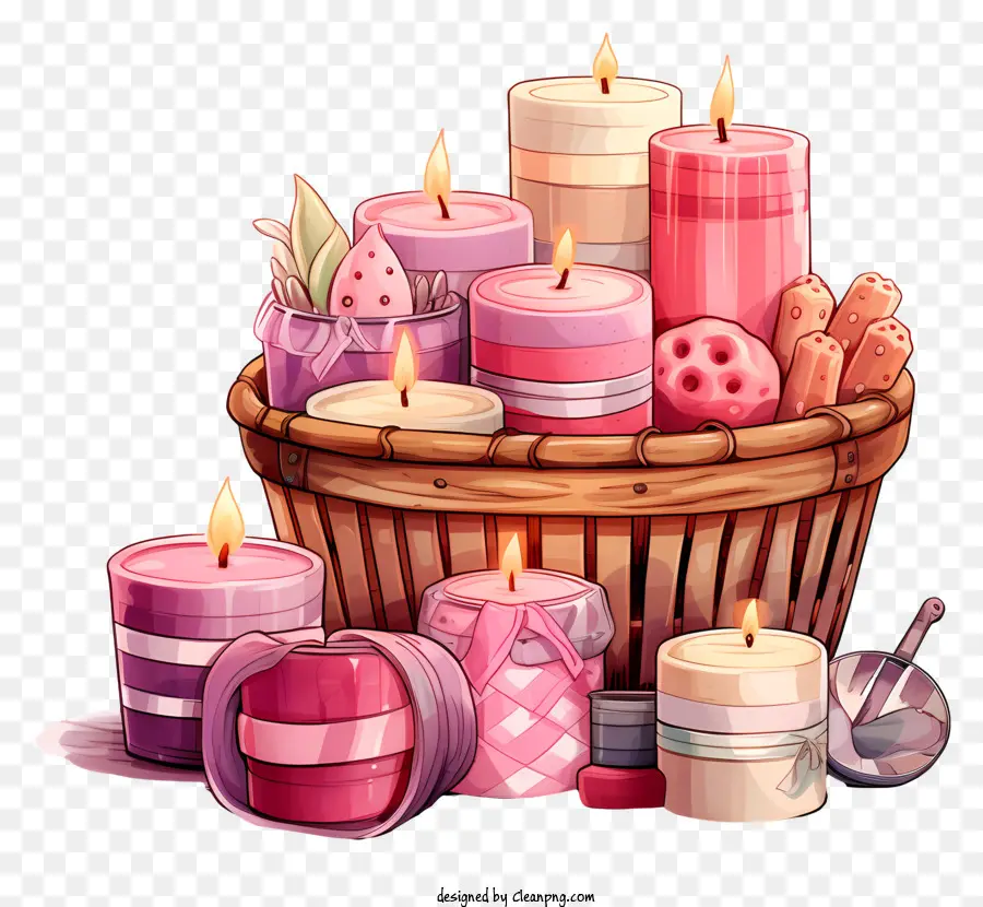 плетеная корзина，розовые свечи PNG