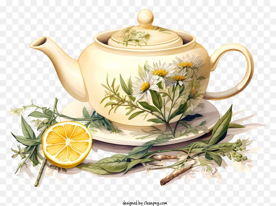 Фарфоровый чайник，ломтик лимона PNG