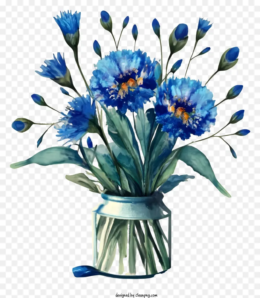 синие цветы，ясная стеклянная ваза PNG