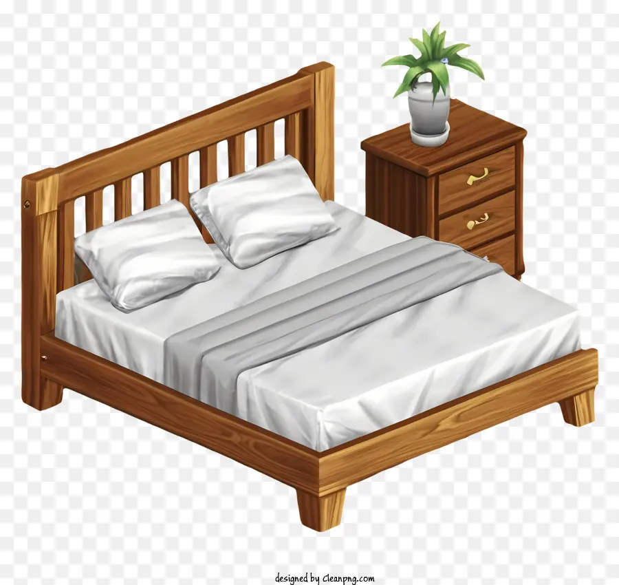 деревянная кровать，подушки PNG