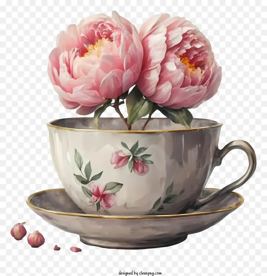 Винтажная чайная чашка，розовые пионы PNG