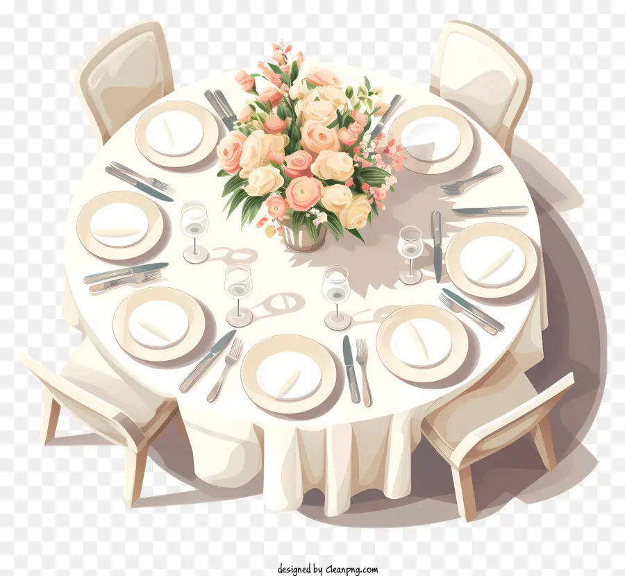 Круглый обеденный стол，белая скатерть PNG