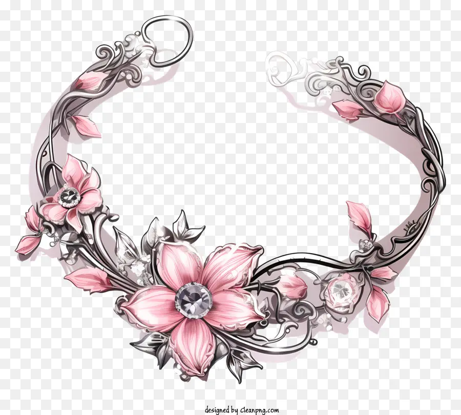 Розовый цветочный браслет，Серебряные ювелирные изделия PNG