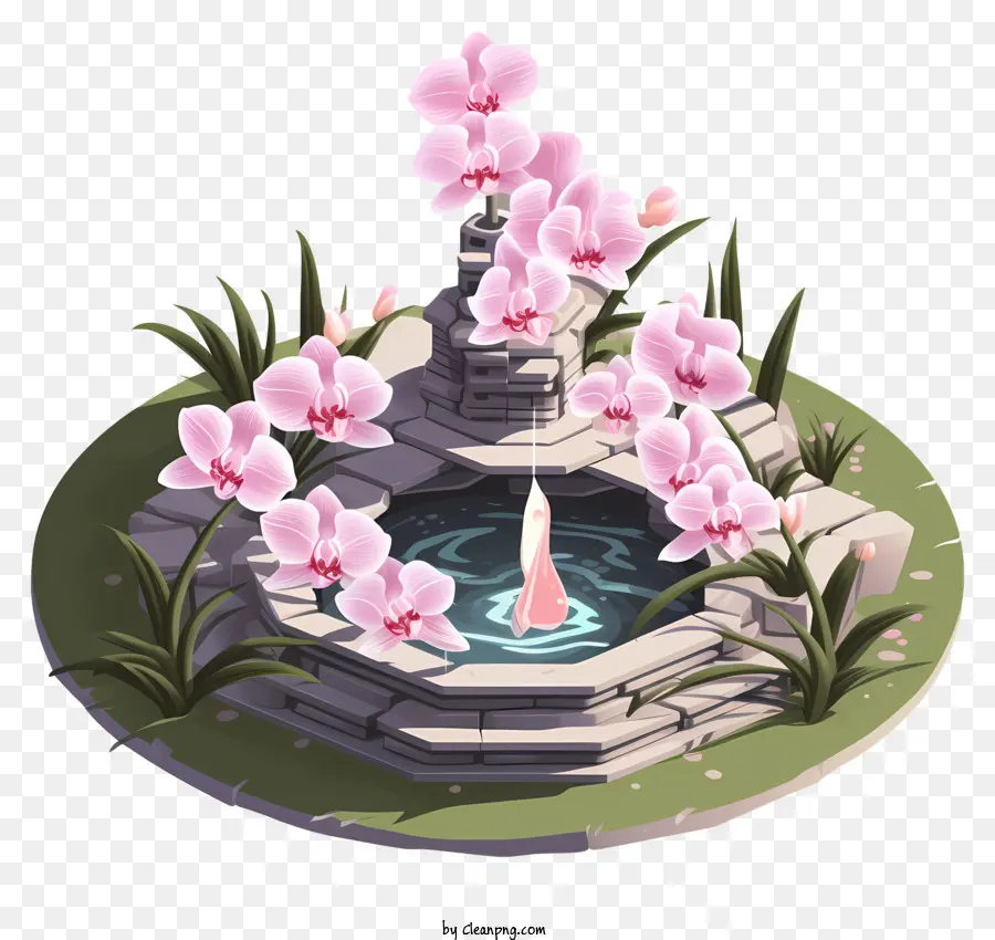 фонтан，Розовые цветы PNG