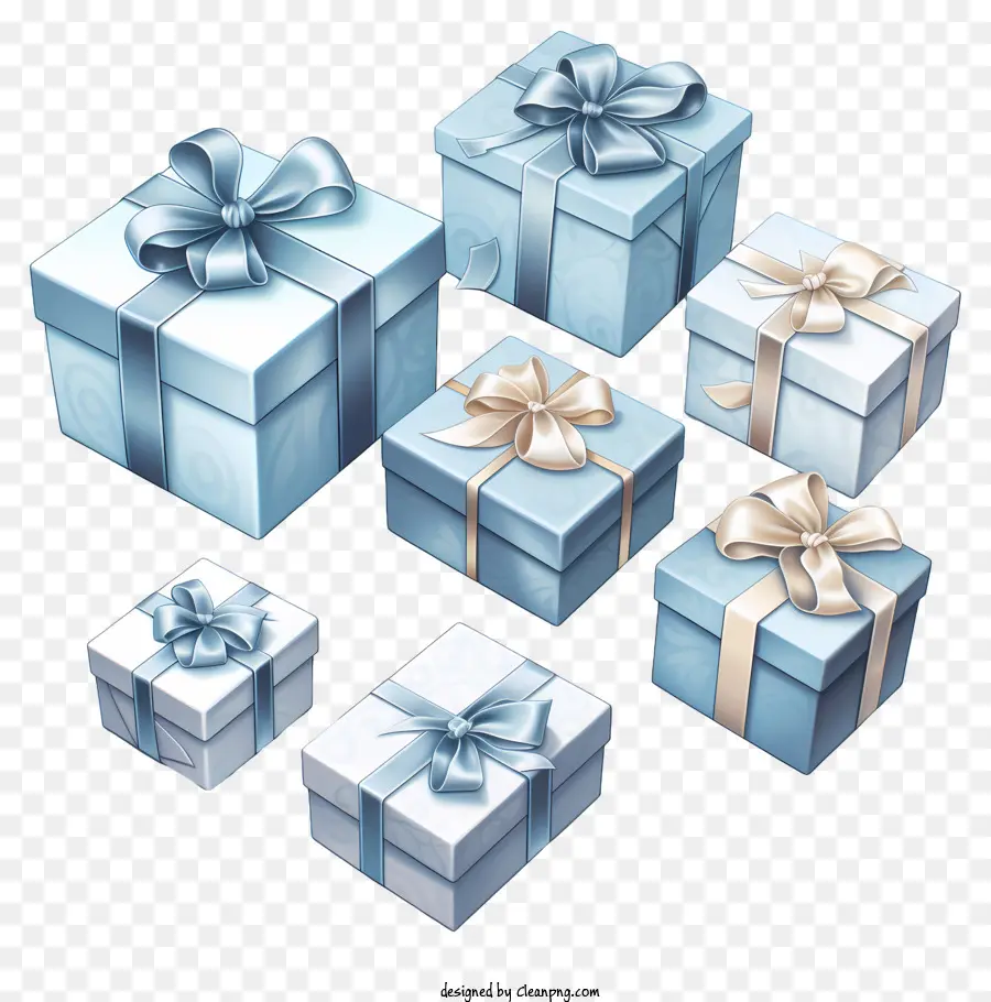 Синие подарочные коробки，серебряные луки и ленты PNG