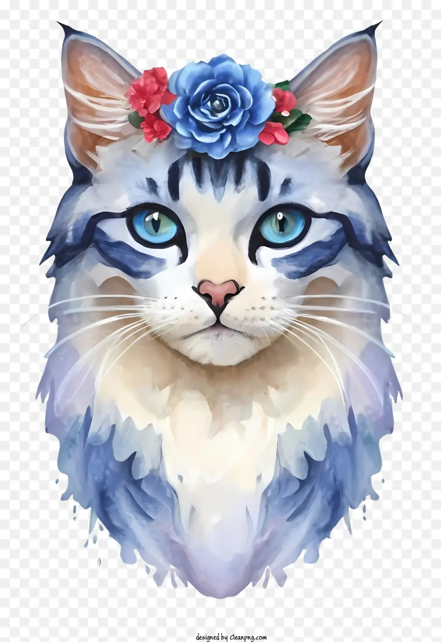 синий и белый кот，синий цветок корона PNG