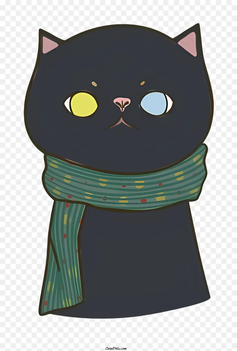 Черный кот，зеленый и синий полосатый шарф PNG
