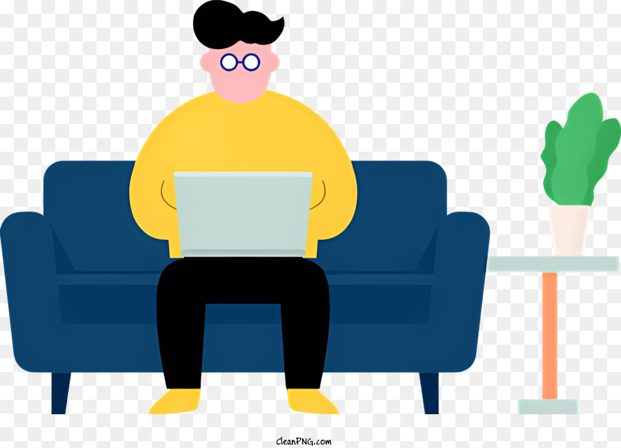 Человек сидит на диване, ноутбук на коленях, Желтый свитер